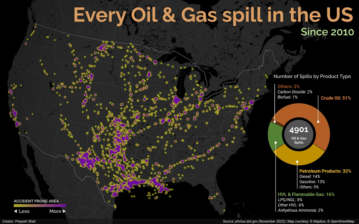 지도: 2010년 이후 미국에서 발생한 석유 및 가스 유출 사고 