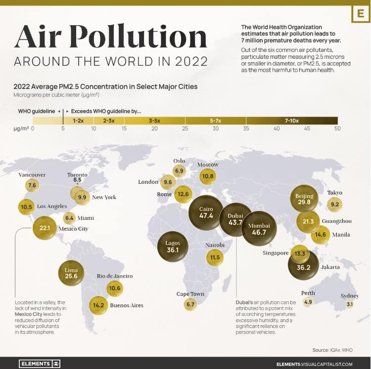 2022년 전 세계 대기 오염 수준 지도